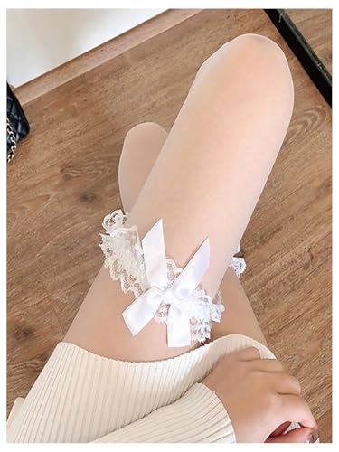 Image of BEAUDRM Women's 2 Pairs Sheer Thigh High Stockings Lace Trim Bow Over the Knee Tights Black and White One-Size