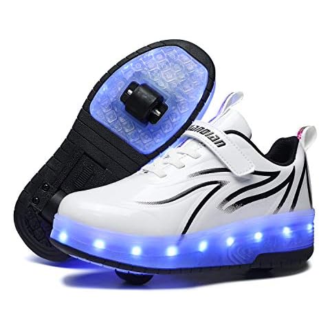 Axcer USB Recharge Upgraded LED Strips Roller Skate Shoes with Double Wheels Inline Automatic Retractable Technical Skateboarding Sport Cross Trainers Vibration Flashing Gymnastic Sneakers Cover
