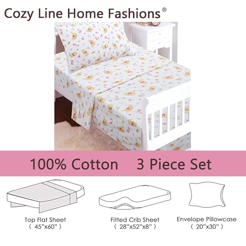 Image of Cozy Line Home Fashions Piglet & Pooh Floral Garden 3 Piece Pink Cotton Toddler Sheet Set