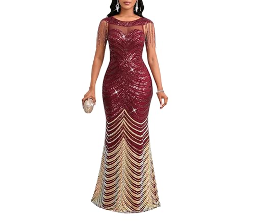 Image of Cololura Women Sexy Sequin Mesh Perspective Bodycon Party Cocktail Evening Gown Maxi Dress