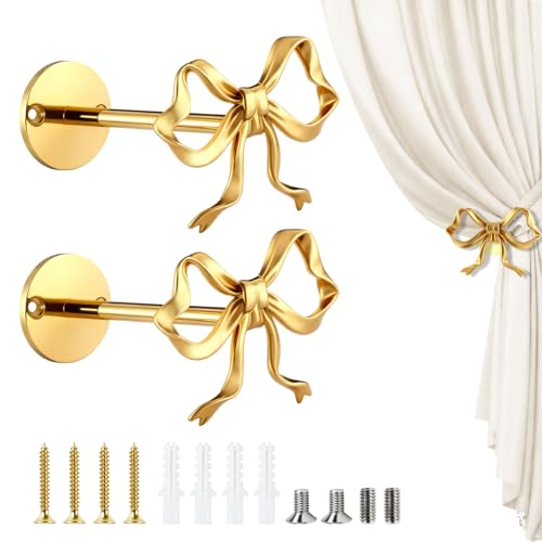 Celblisora 2 Pack Metal Bow Curtain Holdbacks - Elegant Gold Tiebacks for Office, Girls' Bedroom, Living Room Decor