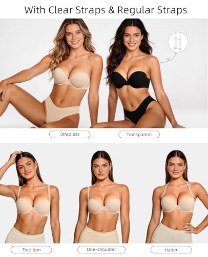 Image of Strapless Push Up Bras for Women Padded Add 1 Cup with Clear Straps
