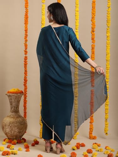 Image of GoSriKi Women's Rayon Viscose Embroidered Straight Kurta with Pant & Dupatta