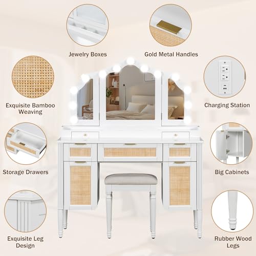 Image of JIVOIT 44.37 inch Makeup Vanity Desk with Tri-Fold Mirror, Large Vanity Table with 5 Drawers and Shelves and 2 Cabinets, Dressing Table, Easy Assembly