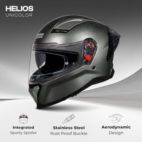 Image of STUDDS Helios ISI and DOT Certified Full Face Helmet with Antifog 100 Lens, Sporty Spoiler (Gun Grey - XL)