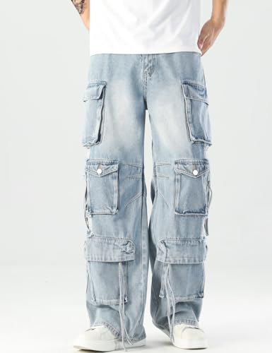 Rexcyril Men's Baggy Ripped Jeans Distressed Hip Hop Wide Leg Loose Fit Multi-Pockets Cargo Denim Pants4