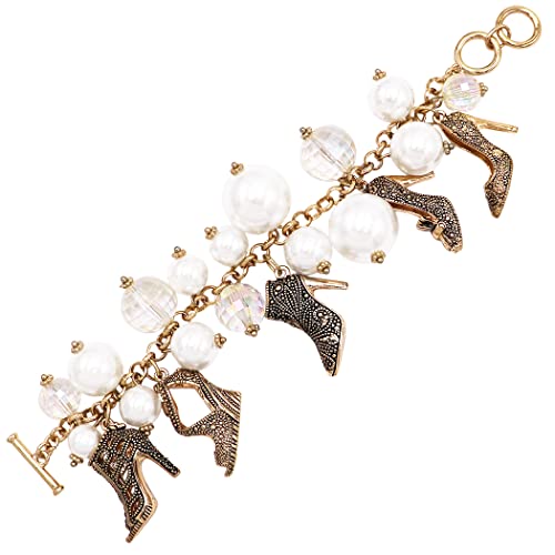 Rosemarie & Jubalee Women’s Stunning Faceted Crystal And Simulated Pearl With Statement Chunky Burnished Gold Tone High Heel Shoe Charms Bracelet With Toggle Clasp, 7"-7.5 #TOP1