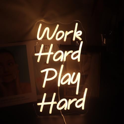 QiaoFei Letrero de neón LED con texto en inglés "Work Hard Play Hard Play", letras rosas, luces de neón alimentadas por USB, para habitación de niñas, decoración de pared, cumpleaños, boda, fiesta,