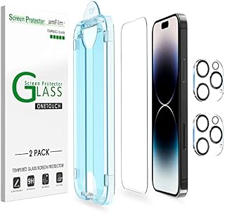 [2+2 Pack] amFilm OneTouch for iPhone 14 Pro Max 6.7" Glass Screen Protector with Camera Lens Protector. Easiest to Installation, Bubble Free, Full Coverage Case Friendly