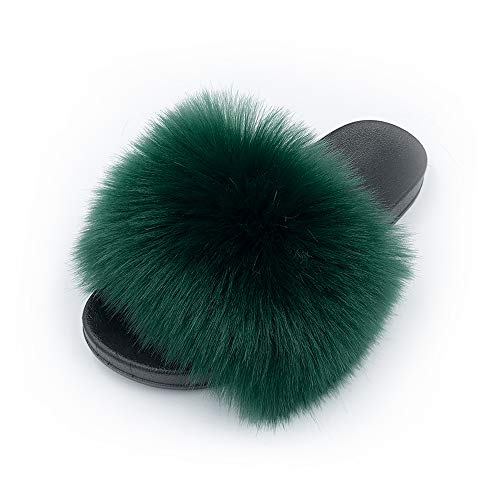 Image of Women's Faux Fur Slides Slippers Fluffy Fuzzy Sandals Open Toe Furry Slide Flip Flop Indoor Outdoor