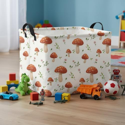 Image of Rectangular Baby Kids Storage Basket for Home Kitchen Girls Cute Toy Storage Bin Organizer Shelf Book Room Decor(Mushroom)
