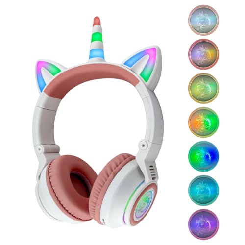 YUSONIC Upgrade Unicorn Headphones for Girls Kids Bluetooth Wireless Headphones with 7 Colour Flash Light 93dB Volume Limited for Toddlers Tablet/iPad/Amazon Fire Birthday Gifts (White Pink)