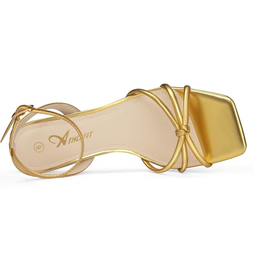 Athlefit Women's Kitten Heels Square Open Toe Strappy Low Heel Sandals Ankle Strap Party Dress Gold Heels for Prom Size 6 — view 5