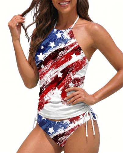 Image of Womens Two-Piece Tankini Set Cow Skull with Leopard Print Sets Swimwear Tankini Top Sets Swimwear