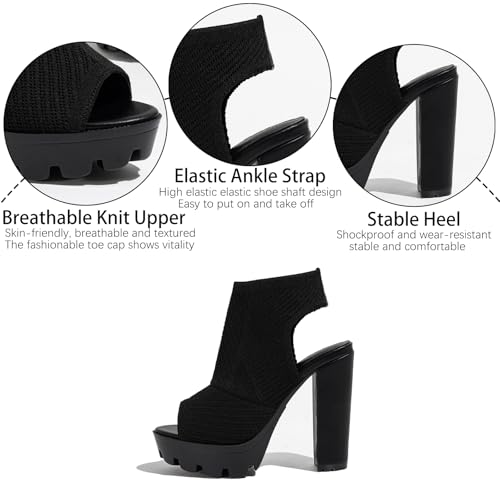 Women’s Knit Platform High Heeled Sandals Sexy Peep Toe Lug Sole Comfortable Chunky Heels Elastic Slingback Ankle Boots Summer Hollow Party Prom Dress Booties3