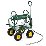 Goplus Garden Hose Reel Cart, 300 FT of 5/8' Large Capacity, Heavy-Duty Metal Hose Cart w/ 4 Wheels, Storage Basket, Portable Water Hose Organizer for Yard Planting (Dark Green, 300 FT 5/8' Hose)