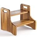 2BHOME Wooden Step Stool, Heavy Duty Two-Step Stool for Adults with Built-in Handle, Wooden Stepping Stool with 500Lbs Capacity for Kitchen & Bathroom, Non-Slip Wood Bedside Bed Steps for High Beds