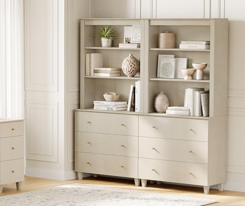 Image of WAMPAT Tall Bookcases with 6 Drawers, 2 Column 3-Tier Beige Wood Bookshelf with Adjustable Open Shelf, 71 inch Wide Modern Display Bookshelves for Home Office, Living Room, Bedroom