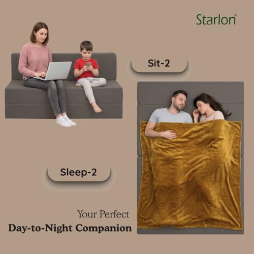 Image of Starlon 2 Seater Sofa Cum Bed Foldable 3-in-1 Sofa Bed with 1 Year Warranty, Washable Jute Fabric Cover & 2 Waves Pillows | Guest Bed | Coffee Brown 4x6 Ft