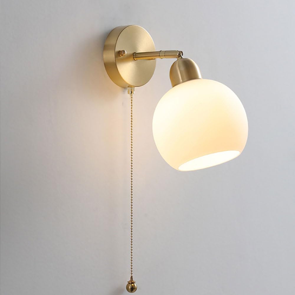 HPTHLY D Wall Sconce With Pull Switch, Nordic Brushed Brass Wall Lamp Adjustable Bedside Wall Mount Light With Glass Shade E27 Indoor Copper Lighting Fixture(B)