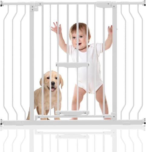 Extra Tall Baby Gate with Cat Door - Upgraded 29.5-43" Wide Child Gate with Adjustment Pet Door, Auto Close Easy Walk Thru Baby Gate, Wall Mounted Gate Includes 4 Wall Cups 2 Extensions Included