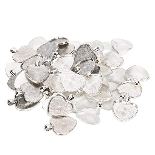 Heart Shaped Pendant, 60pcs Pendant Trays Heart Shaped Pendant Setting Cabochon Base Setting with Glass Cabochon
