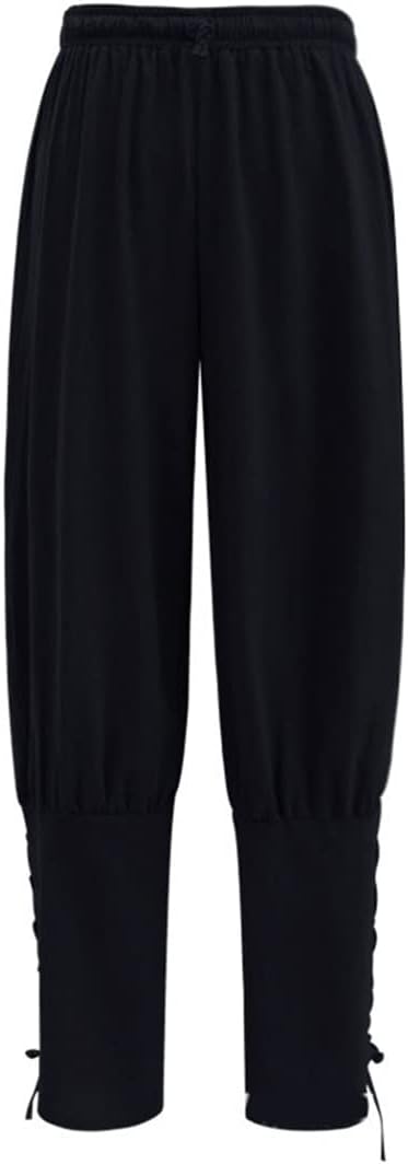 Men's Renaissance Pirate Pants Medieval Linen Trousers with Lace Up Ankle CuffsElastic Waist Loose Fit Costume Pants