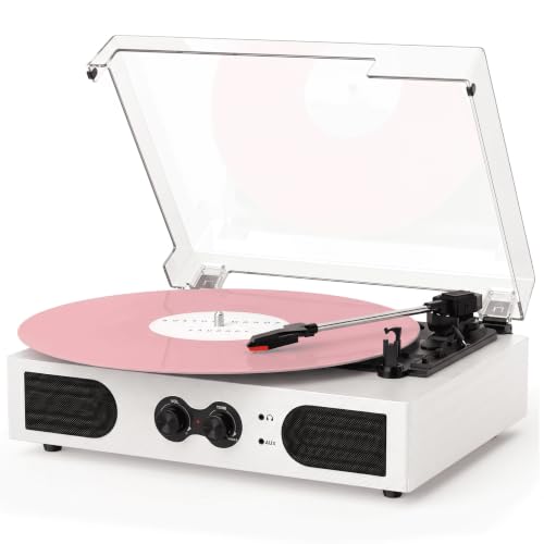 Image of Vinyl Record Player with Built-in Stereo Speakers, Vintage 3-Speed Turntable, Bass /Treble Control, Headphone Jack, RCA /AUX Outputs, Belt-Driven LP Player, White Wood