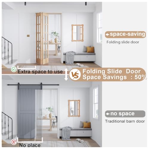EaseLife Kit Completo de Herrajes para Puerta de Clóset Plegable, Puertas Francesas de Vidrio para Abertura de 42in x 80in con Kit de Riel de 3.5FT Incluido, Puerta Preensamblada, Fácil Instalación miniatura 3