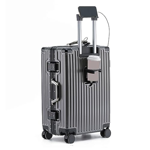 Aluminum Frame Hardside Luggage with USB Port and Cup Holder, Lightweight Suitcases with Wheels and TSA Lock, Travel Luggage Hard Shell Lightweight Rolling Suitcases for Men Women (22 inch, Grey)