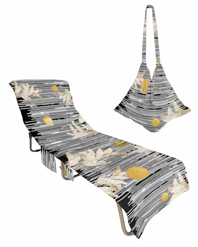Abstract Black White Beach Chair Towel Covers for Chaise Lounge with Side Pocket, Soft Plush Pool Towels Cover for Patio Sunbathing Outdoor 29''x85'' Gold Leaf Leaves Modern Geometric