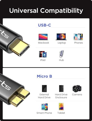 Image of rts Micro B To USB C External Hard Disk Drive USB Cable HDD USB Cable (0.5M /1.5 Ft) USB 3.1 /10 Gbps Compatible For Wd /Seagate /Hitachi /Lacie /Toshiba /Macbook Pro /Air /iPad /Tablet /iPhone 15 Series (Grey)