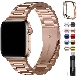 Fullmosa Metal Band with Case for Apple Watch 45/44/42mm | Fits iWatch Series 9/8/7/6/5/4/3/2/1,SE3/2/1,Stainless Steel Strap for Men Women Professional Office Rose Gold