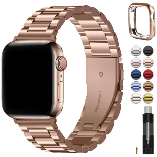 Fullmosa Compatible with Apple Watch Band 41mm 40mm 38mm, Stainless Steel iWatch Band with Case Compatible for Apple Watch Series 9 8 7 6 5 4 3 2 1 & iWatch SE3/2/1,38mm 40mm 41mm Rose Gold by Fullmosa - Used condition - CA$18.46