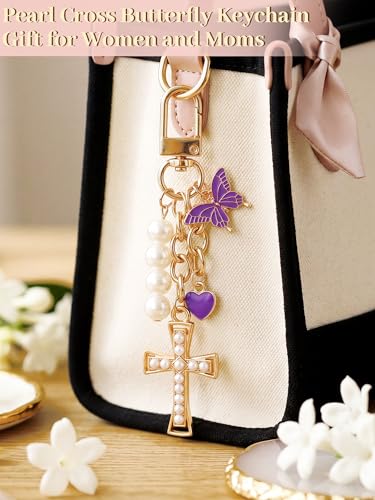 Image of Sureio Cross Butterfly bag charm Keychains for Women Christian Resin Keychain Bulk for women Gift Backpack Purse Wallet Bag