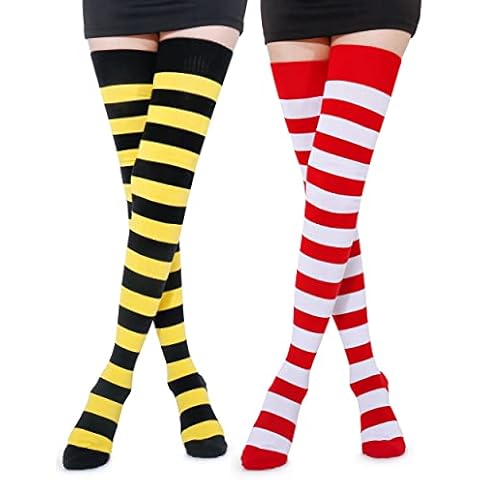 Kayhoma Extra Long Cotton Stripe Thigh High Socks Over the Knee High Socks, Black/White & Blue/White, Large Cover