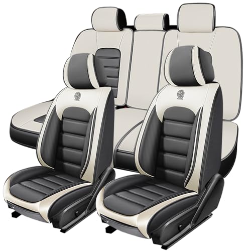 Image of 5 Seat Covers for Hyundai Santa Fe XL 2001-2024,Premium Nappa Leather Car Seat Covers Car Seat Cushions,Waterproof Soft Seat Covers for Cars,Interior Accessories with Airbag(Standard-Gray&White)