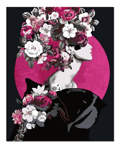 Peinture par numéros adultes fleurs lune rose kit 40x50 cm avec cadre en bois à monter