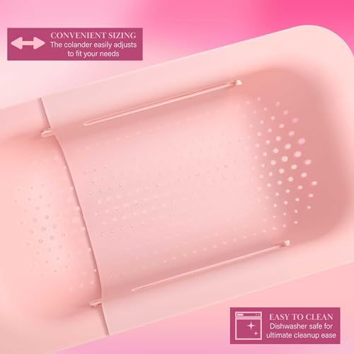 Paris Hilton Over the Sink Expandable Colander, Extendable Strainer, Adjustable from 14.5 inches to 19.5 inches, Fits most kitchen sinks, Made without BPA, Pink - Thumbnail 5