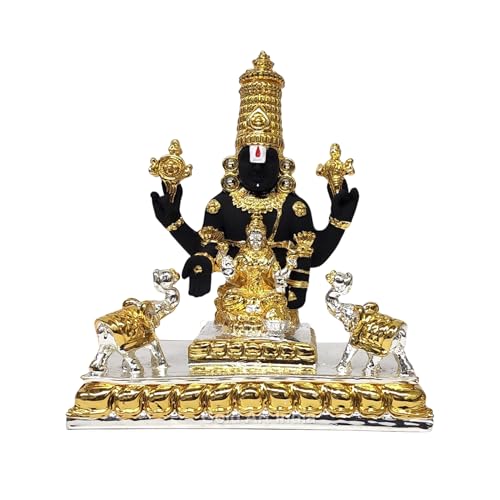 Image of Gold Art India Idol Tirupati Balaji with Gajalakshmi Venkateswara Swamy Statue with Shankha-Chakra & Elephant for House Warming Puja Room Gifting Home & Office Decor Showpiece (Gold Silver Plated 6 inch)