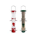 Tube Bird Feeders Hanging, Wild Bird Feeders for Outdoors Premium Hard Plastic with Hanger and 6 Port, Hanging on Bird Feeder Pole Stand Station Deck Hooks Great for Birds Seed (Red + Green)