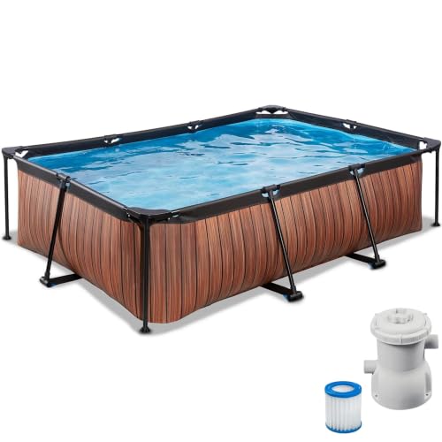 EXIT Toys Aufstellpool Rechteckig 220 x 150 x 65 cm mit Filterpumpe Für Familien und Kinder Garten Rahmenpool mit TÜV CE und EN 16582 Wood Braun
