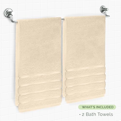 Image of Elegant Comfort 100% Turkish Cotton 4 Lines Viscose Stripe Luxury 2 Pack Bath Towel Set 27 x 54 Inch - Super Soft and Highly Absorbent Premium Hotel Spa Quality Towels for Bathroom Use, Ivory