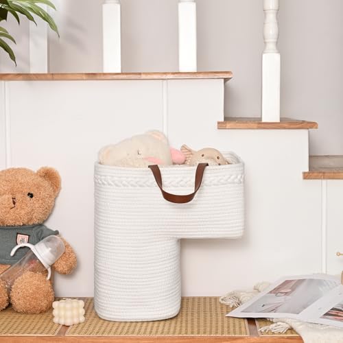 Image of Woven Stair Basket, Stair Baskets for Wooden Stairs, Carpeted Stairs Storage Basket with Handles, Staircase Baskets for Toys, Books, White, 15 inch L x 10 inch W x 15 inch H