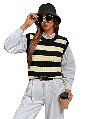Romwe Women's Cable Knit Crop Sweater Vest Preppy Style Sleeveless V Neck Knitwear Tank Tops Black White Striped S #TOP2