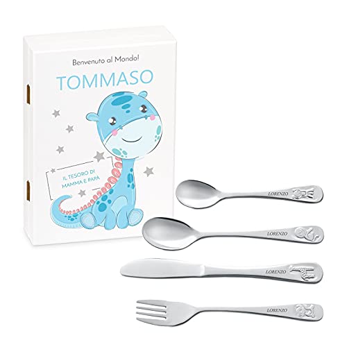 Maverton Set di 4 posate per bambini con incisione + scatola in legno con stampa personalizzata - motivo animali - idee regalo per il battesimo bimbo - benvenuto
