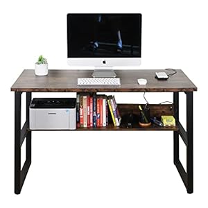 Computer Study Desk with Bookshelf, Large Home Office Desk with Storage and Shelf Industrial Study Writing Drawing Table with Space Saving Design Modern Simple Style Laptop Table