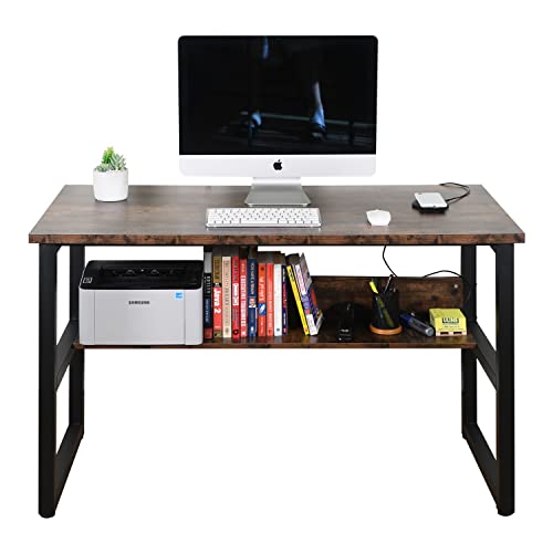 Computer Study Desk with Bookshelf, Large Home Office Desk with Storage and Shelf Industrial Study Writing Drawing Table with Space Saving Design Modern Simple Style Laptop Table
