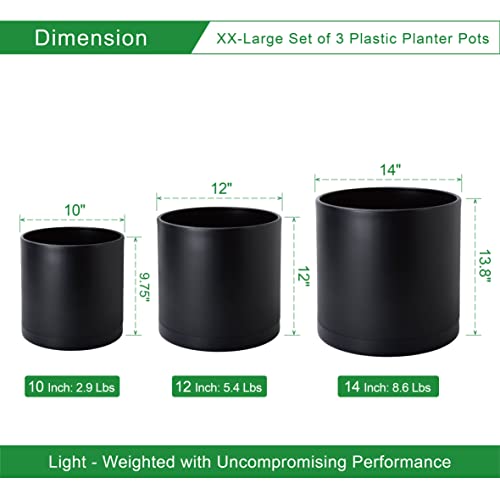 D'vine Dev 10 Inch 12 Inch 14 Inch, Set of 3 Plastic Planter Pots for Plants with Drainage Hole and Seamless Saucers, Black Color, XX-Large, 74-V-B-6 by D'vine Dev - Image 2