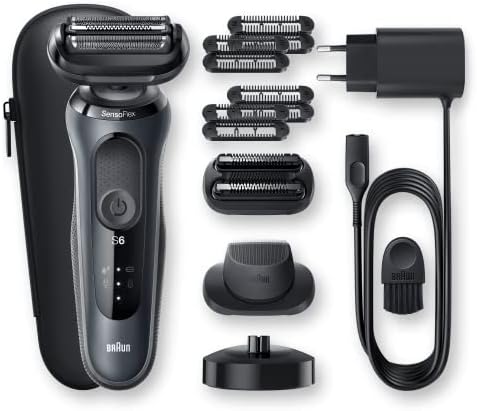 Braun Series 6cs Sensitiv golarka męska, elektryczna z 3 elastycznymi ostrzami, trymer do brody, precyzyjny trymer, stacja ładująca, czas pracy 50 min, nasadki EasyClick, Wet&Dry, N4820cs, szara